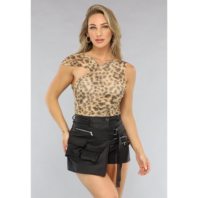 Mesh-Bodysuit mit Revers und Panther-Print