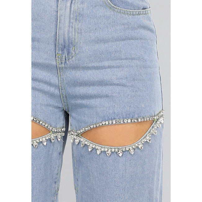 Blaue Denim Jeans mit geradem Bein und Strasssteinen