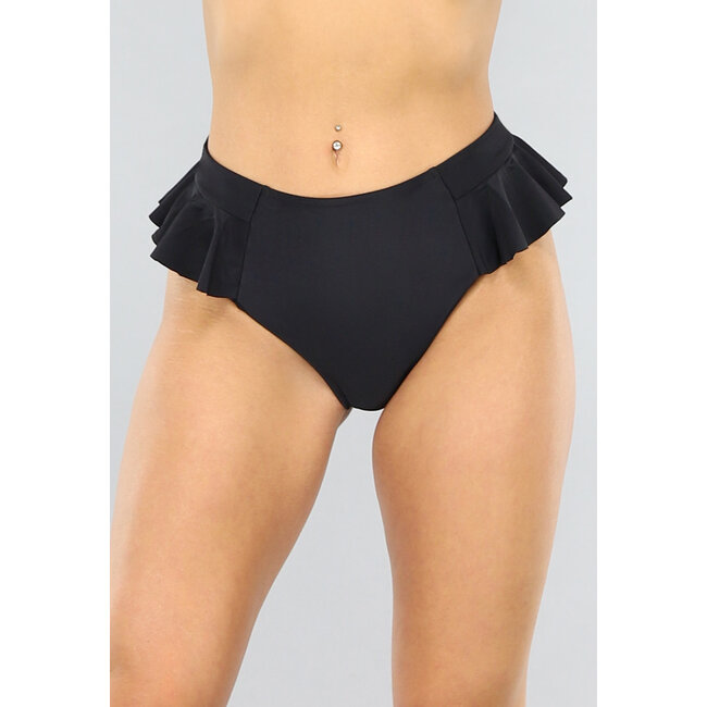 Schwarzes Maxi-Bikini-Unterteil mit hoher Taille und Rüschen