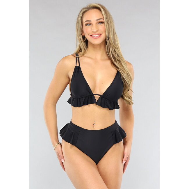 Schwarzes Maxi-Bikini-Unterteil mit hoher Taille und Rüschen