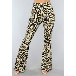 Große elastische Zebra-Hose in Beige mit ausgestellten Beinen