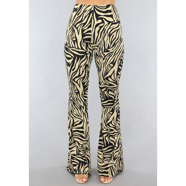 Große elastische Zebra-Hose in Beige mit ausgestellten Beinen