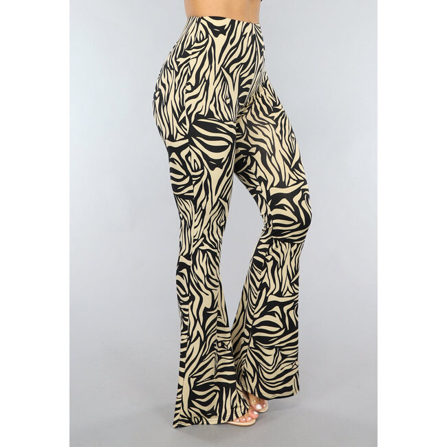 Große elastische Zebra-Hose in Beige mit ausgestellten Beinen