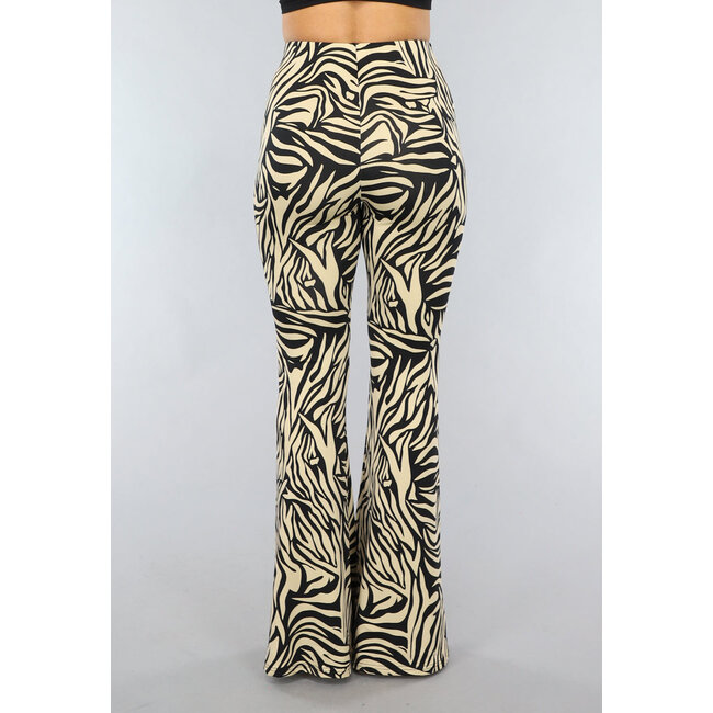 Große elastische Zebra-Hose in Beige mit ausgestellten Beinen