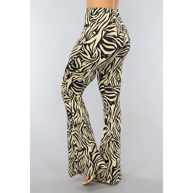 Große elastische Zebra-Hose in Beige mit ausgestellten Beinen