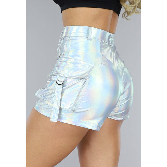 Holografische Cargo-Shorts in Silber