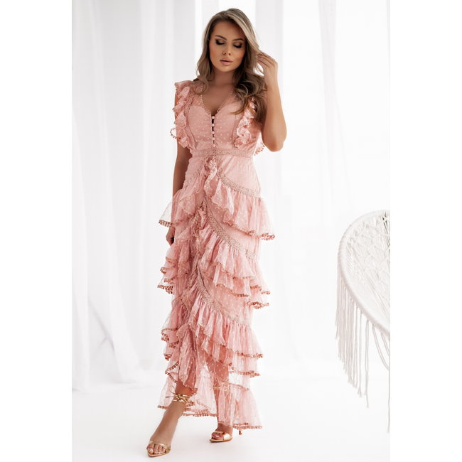 Rosa Maxikleid mit Polkadot und Rüschen