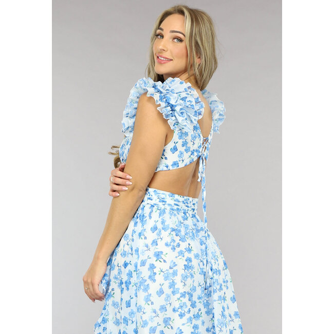 Langes blaues Chiffonkleid mit Blumendruck