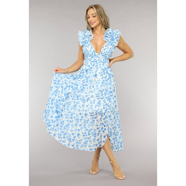 Langes blaues Chiffonkleid mit Blumendruck