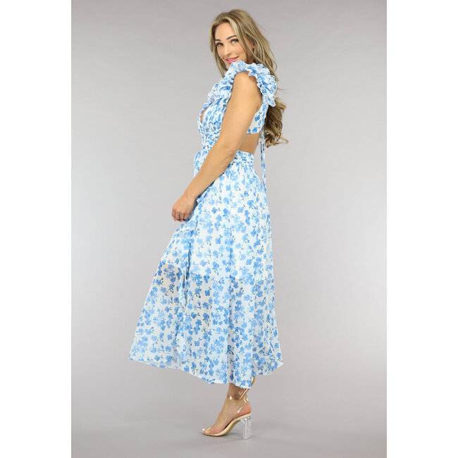 Langes blaues Chiffonkleid mit Blumendruck