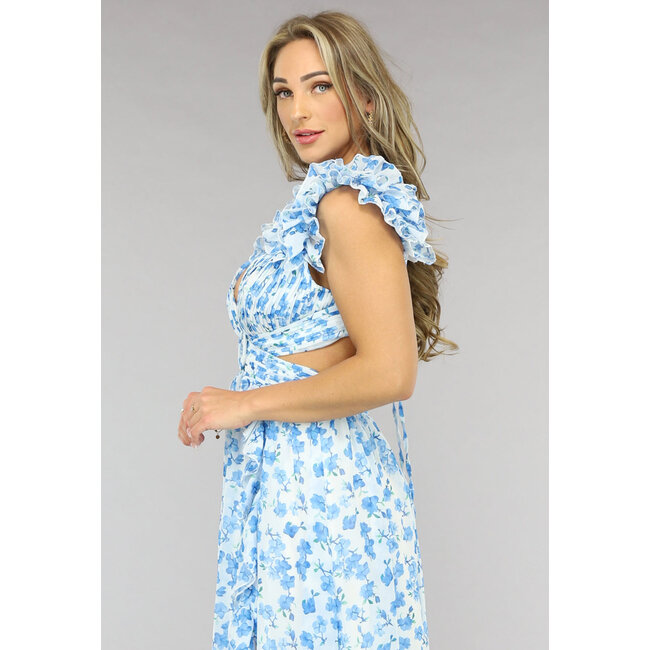 Langes blaues Chiffonkleid mit Blumendruck