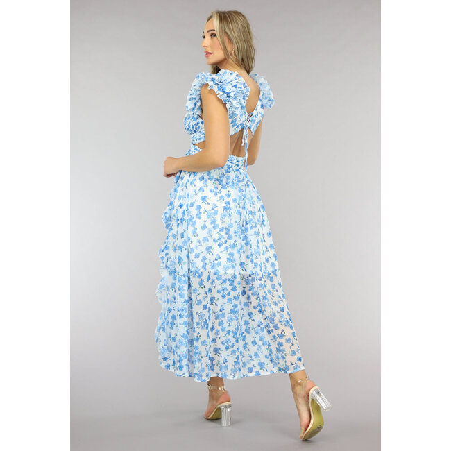 Langes blaues Chiffonkleid mit Blumendruck