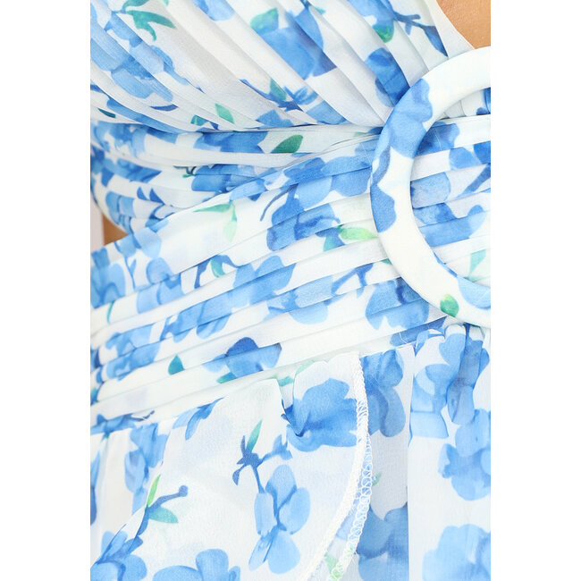Langes blaues Chiffonkleid mit Blumendruck