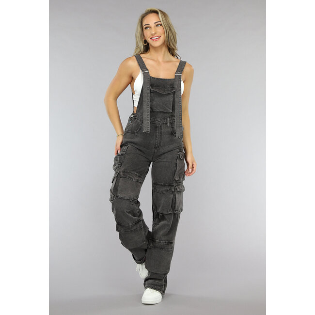 Graue Cargo-Gartenhosen mit weitem Bein