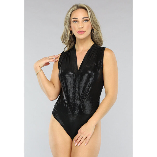 Schwarzer Revers-Bodysuit mit Schimmer