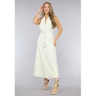 Beigefarbenes Kleid in Leinenoptik mit Neckholder-Ausschnitt