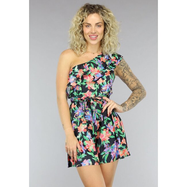 One Shoulder Ruffle Playsuit mit Blumendruck