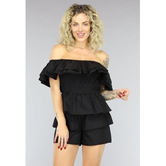 Schwarzer schulterfreier Playsuit mit Rüschen