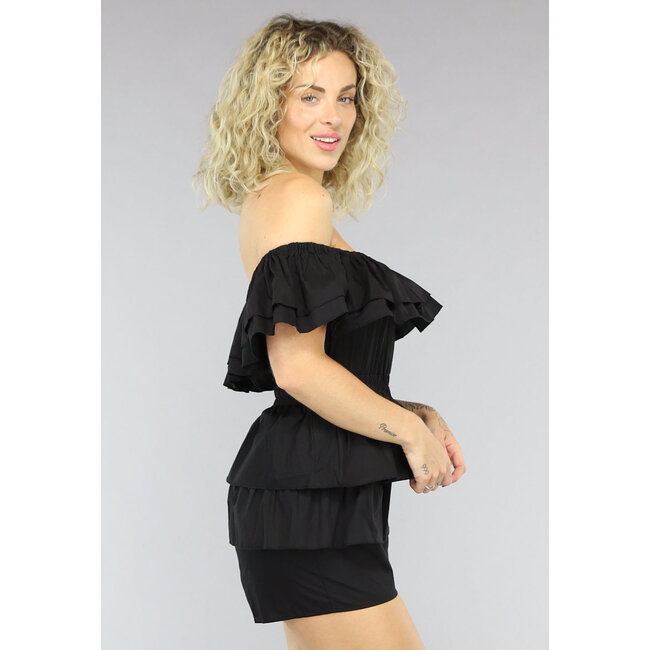 Schwarzer schulterfreier Playsuit mit Rüschen