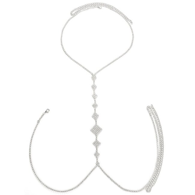 Silberne Bodychain mit quadratischem Hals und Strass