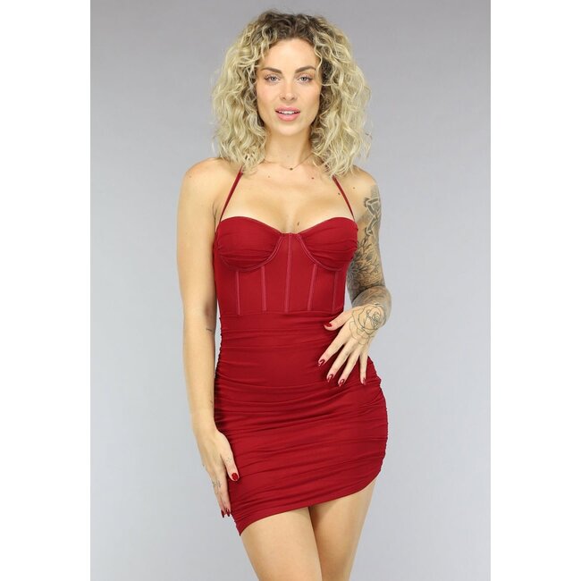 Weinrotes plissiertes Mesh-Korsettkleid