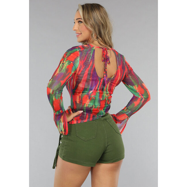 Rotes langärmeliges Mesh-Top mit Schleifendetail