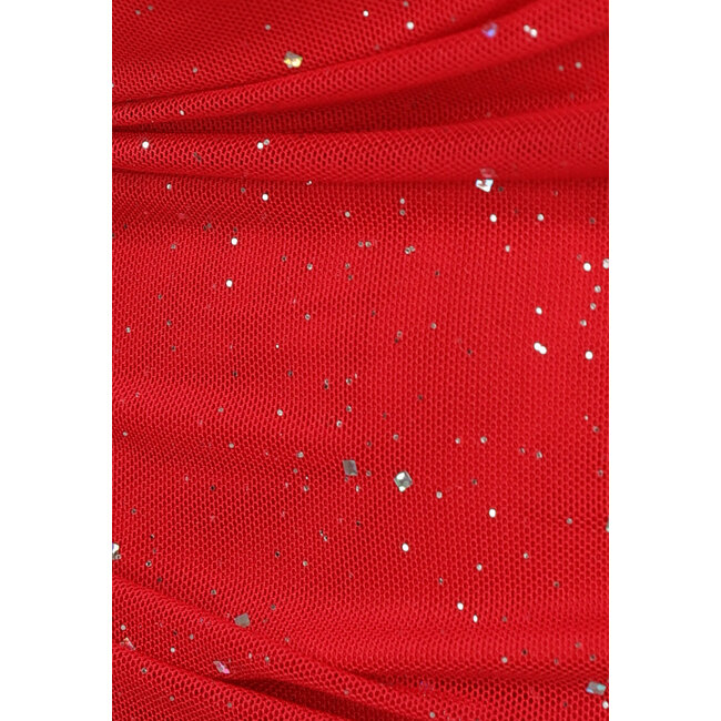 Rotes Glitzerkleid aus Mesh mit Puffärmeln