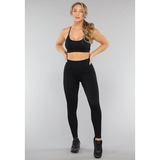 Schwarze Sport-Leggings mit hoher Taille aus Rippe