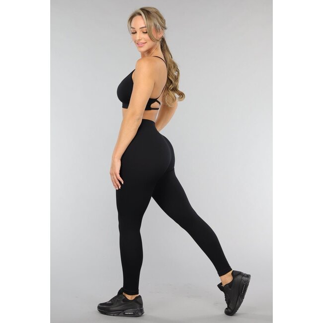 Schwarze Sport-Leggings mit hoher Taille aus Rippe