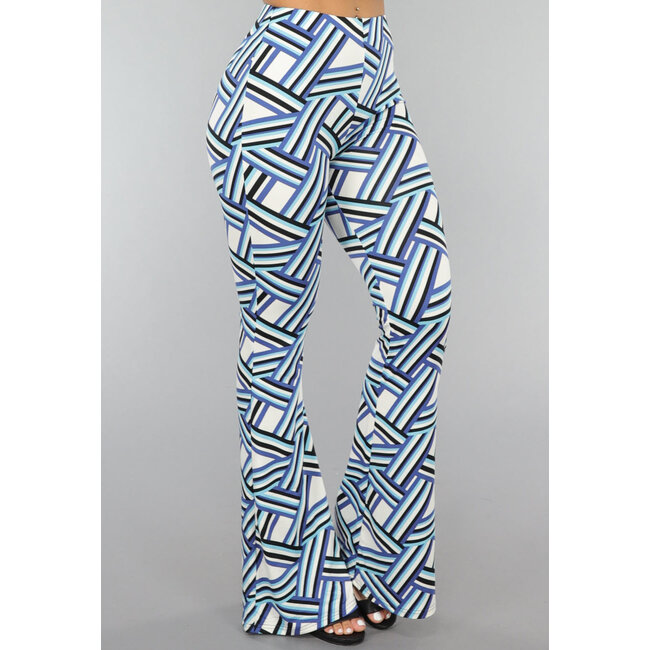 Elastische blaue Schlaghose mit Grafikdruck