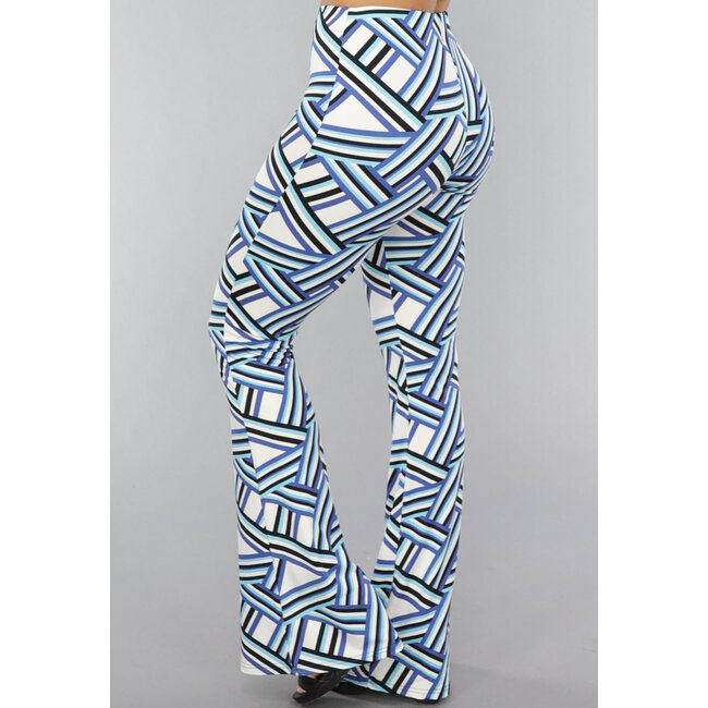 Elastische blaue Schlaghose mit Grafikdruck