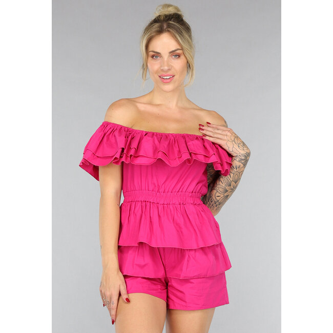 Schulterfreier Playsuit mit Rüschen in Fuchsia