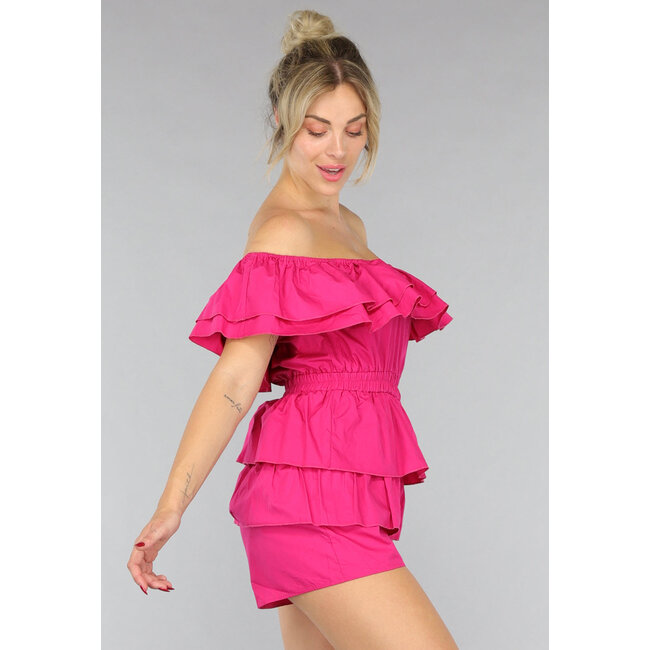 Schulterfreier Playsuit mit Rüschen in Fuchsia