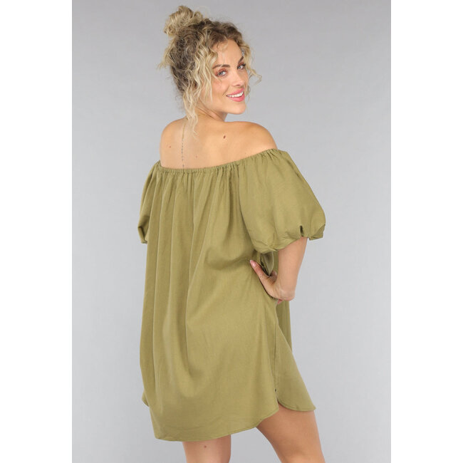 Leinenkleid mit Puffärmeln in Khaki