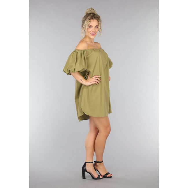 Leinenkleid mit Puffärmeln in Khaki