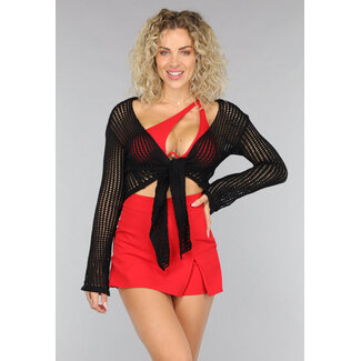 Schwarzes gestricktes Boho-Top mit Schleifendetail