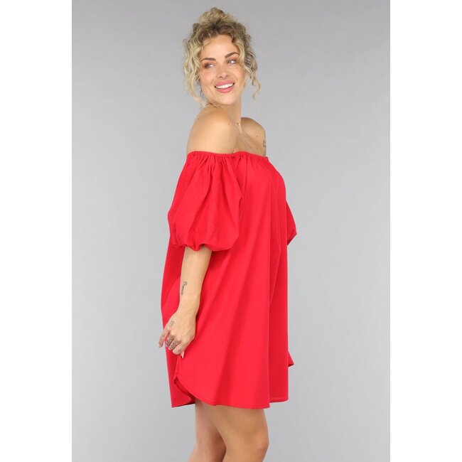 Rotes schulterfreies Leinenkleid