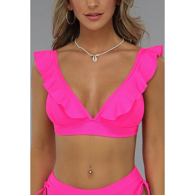 Neonpinkes Rüschen-Bikinioberteil mit herausnehmbaren Pads