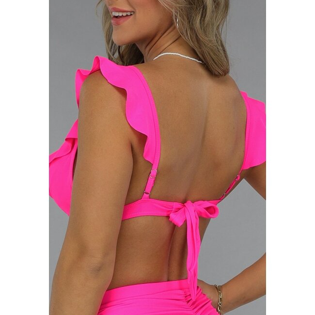 Neonpinkes Rüschen-Bikinioberteil mit herausnehmbaren Pads