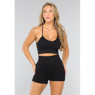 Kurzes schwarzes Fitness-Set mit gekreuztem Rücken