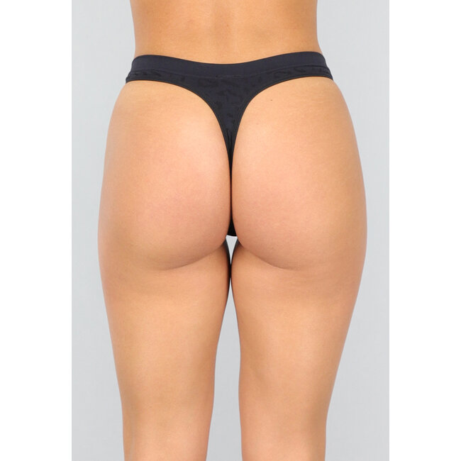 Stretch-Tanga mit Panther-Print in Schwarz