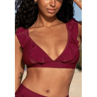 Triangel-Bikini-Oberteil mit Rüschen in Burgunderrot