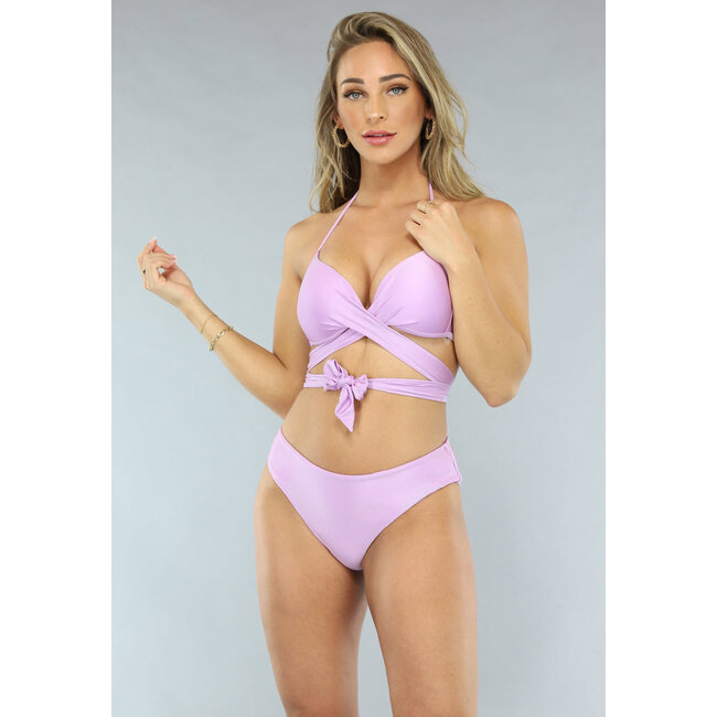 Schimmerndes fliederfarbenes Riemchen-Push-up-Bikini-Oberteil