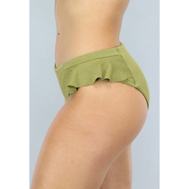 Bikini-Unterteil mit hoher Taille und Rüschen in Olivgrün