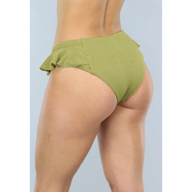 Bikini-Unterteil mit hoher Taille und Rüschen in Olivgrün