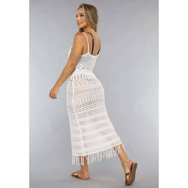 Weißes Häkel-Bohème-Kleid mit Fransen