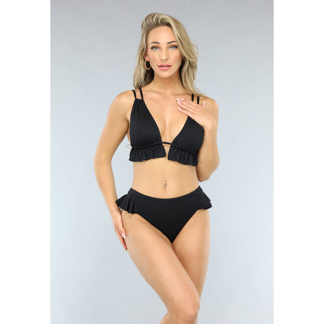 Schwarzes Rüschen-Bikini-Unterteil mit hoher Taille