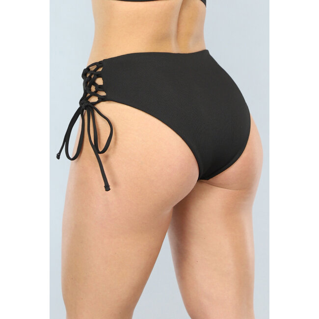 Schwarzes Bikini-Unterteil mit hoher Taille, Spitzendetails und Rippstoff