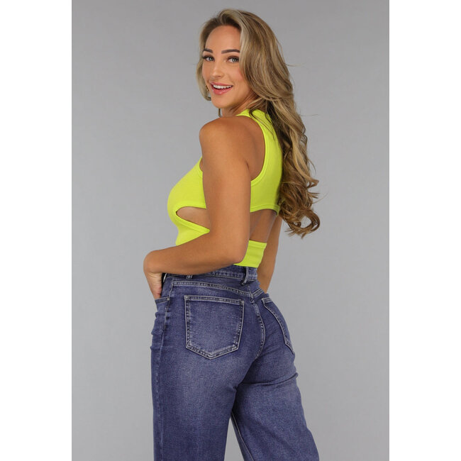 Neongelbes Rippen-Top mit Ausschnitt und Racer Neck
