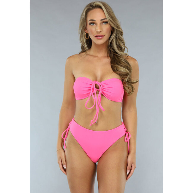 Neonpinkes Bandeau-Bikinioberteil mit Schnürung